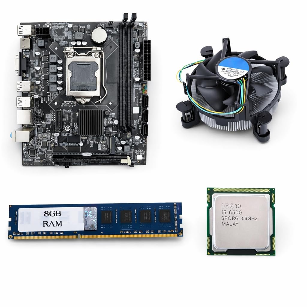 H110 Motherboard Combo Kit with Core i5 6th Gen (6500/6500T) 2.5GHz–3.2GHz Processor, 4GB DDR4 RAM, CPU Cooling Fan Included, Ideal for Home/Office PC Build, 1 Year Replacement Warranty