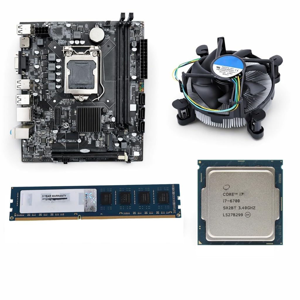H110 Motherboard Combo Kit with Core i7 6th Gen 6700 (3.4GHz) Processor, 4GB DDR4 RAM, CPU Cooling Fan, LGA1151 Desktop Combo Pack, Ideal for Office & Home Use, 1 Year Replacement Warranty