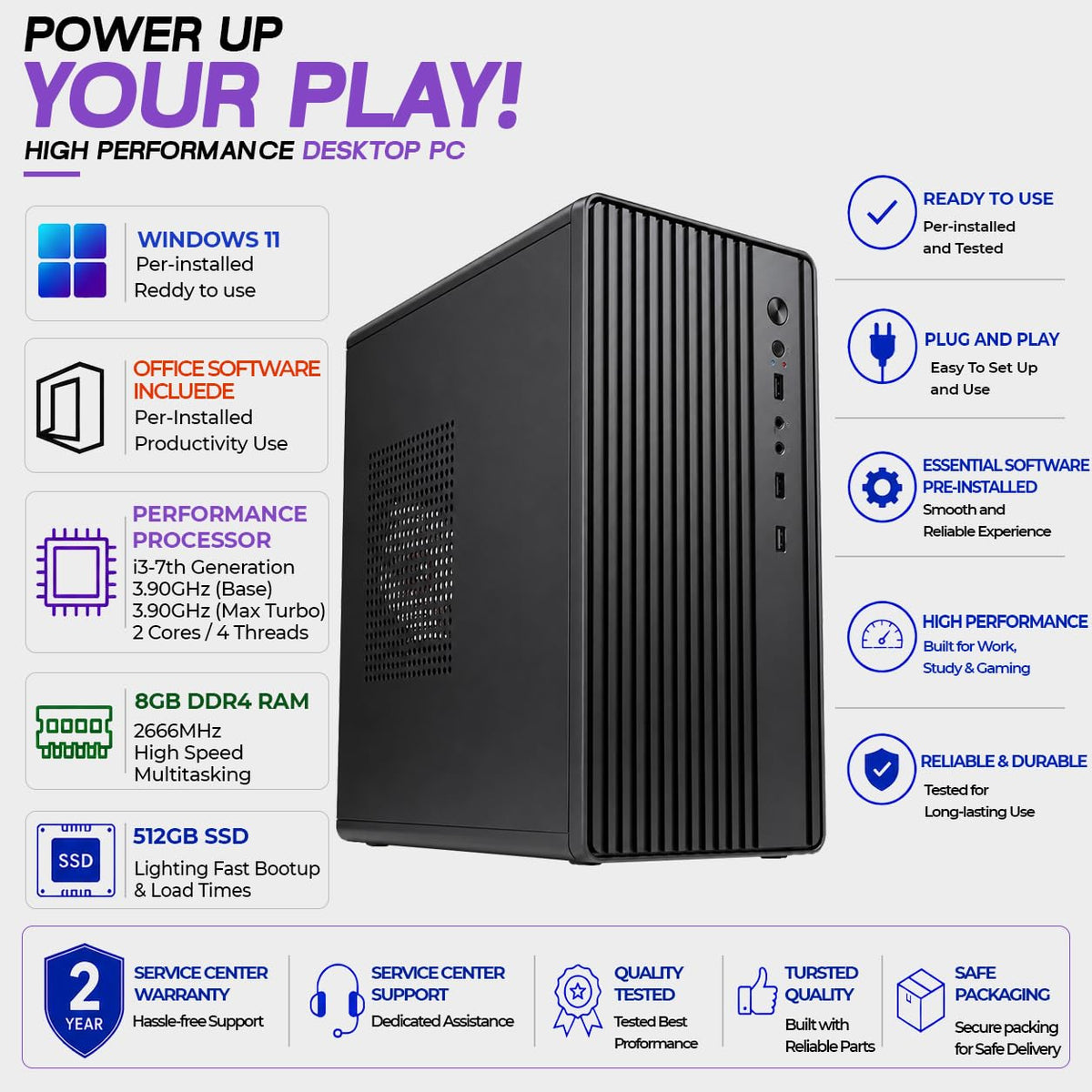 High-Performance Assembled Desktop Computer | 7th Gen Processor | 8GB DDR4 RAM | 256GB SSD | WiFi + Bluetooth | HDMI + VGA | Office | Business | Home | Study | Work | Multitasking PC