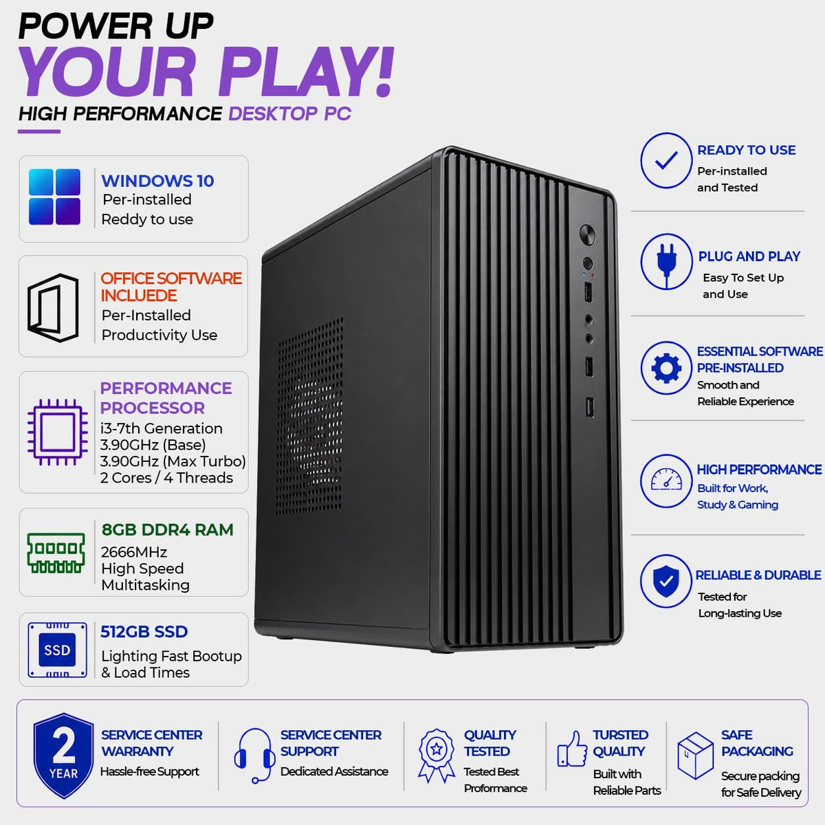 High Performance Assembled Desktop Computer | 7th Gen Processor | 8GB DDR4 RAM | 512GB SSD | WiFi + Bluetooth | HDMI + VGA | Office | Business | Home | Study | Work | Multitasking PC