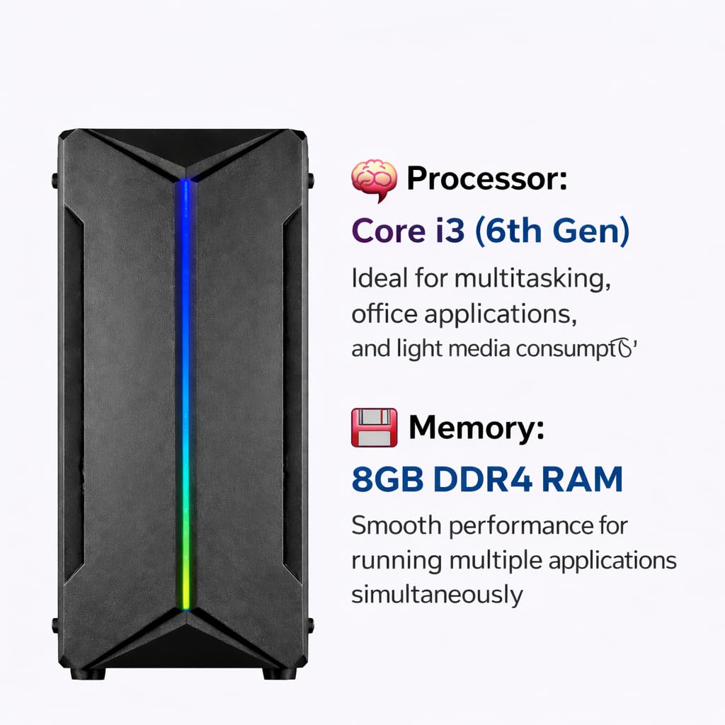 Assembled Desktop PC i3 6th Gen 3.70GHz | 8GB DDR4 RAM | 128GB SSD | Windows 11 Pro | MS Office | HDMI & VGA | WiFi | RGB Gaming Cabinet CPU for Home & Office Use
