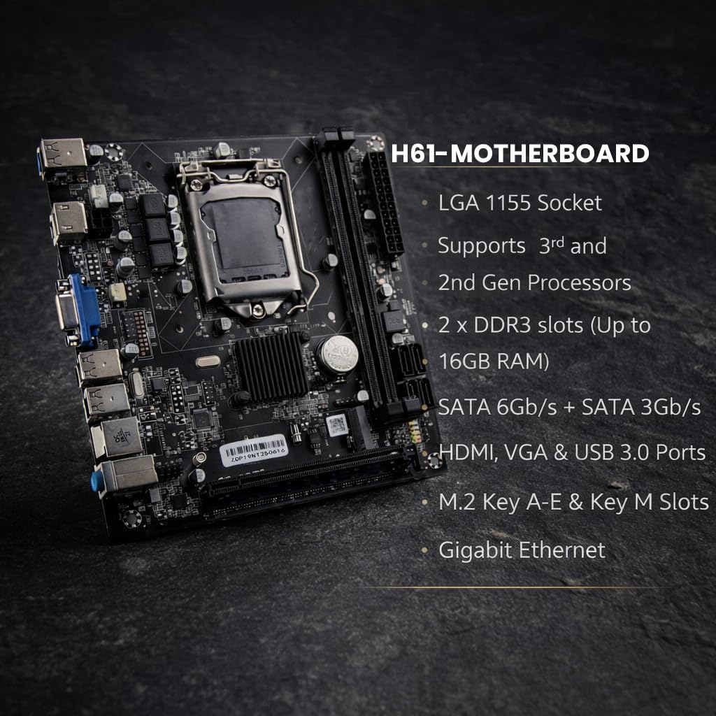 H61 Motherboard Combo with i5 2nd Gen Processor, 8GB DDR3 RAM & Cooling Fan, LGA 1155 Desktop PC Upgrade Kit for Home, Office Work, Billing Software, Daily Use, Stable Performance Setup