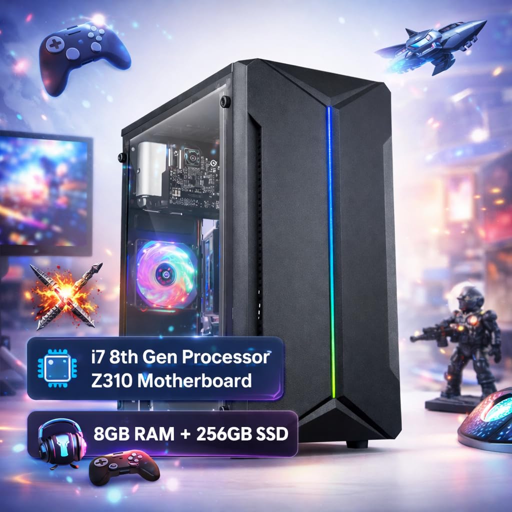 Assembled Gaming Desktop CPU with Core i7-8700 8th Gen(3.20 GHz) | 8GB DDR4 RAM | 256GB SSD | Z310 Chipset | USB 3.0 & USB 2.0 Port | Gigabit Ethernet LAN | Wi-Fi Dongle | HDMI & VGA Port | Win 11