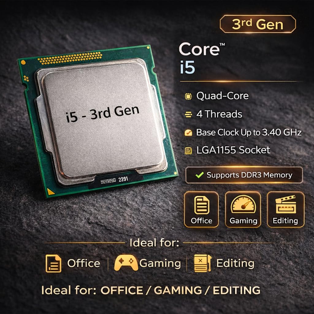Core i5 3rd Generation Processor (3470/3550/3570) Up to 3.80GHz | 4 Cores 4 Threads | 6MB Cache | LGA 1155 Socket | HD Graphics 2500/4000 | CPU Cooling Fan Included