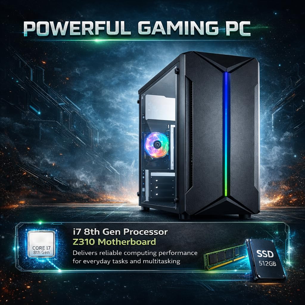CPUWala Desktop PC Core i7 8th Gen | 16GB DDR4 | 512GB SSD | Z310 Motherboard | Win 11 Pro + MS Office | HDMI, VGA, USB 3.0, Gigabit LAN | RGB Gaming Cabinet