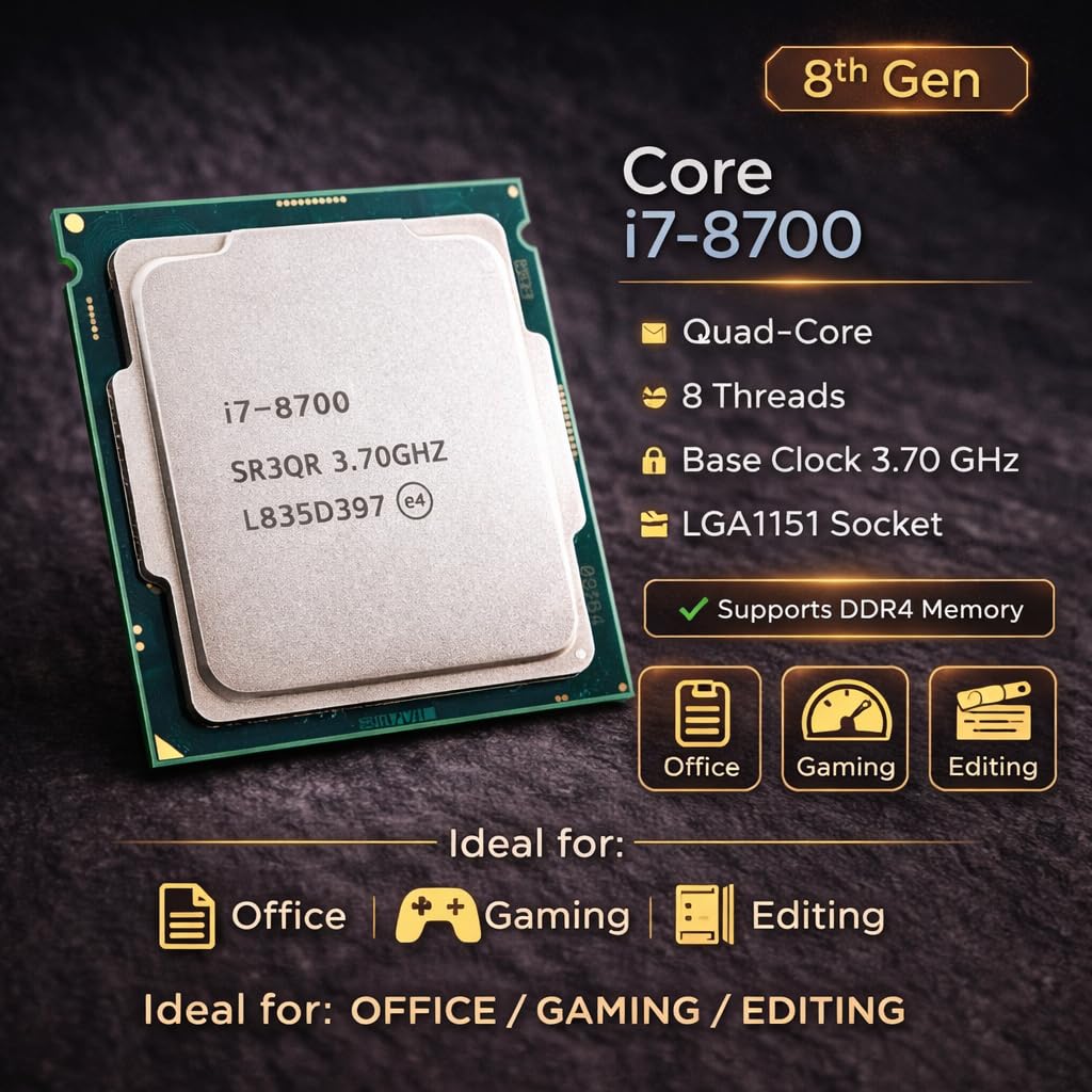 Core i7 8th Gen Processor (LGA 1151 – 300 Series) with CPU Cooling Fan | 6 Core 12 Thread High-Speed Desktop CPU for Editing, Multitasking, Office & Business Use (QC Tested) (I7_8th+Fan)