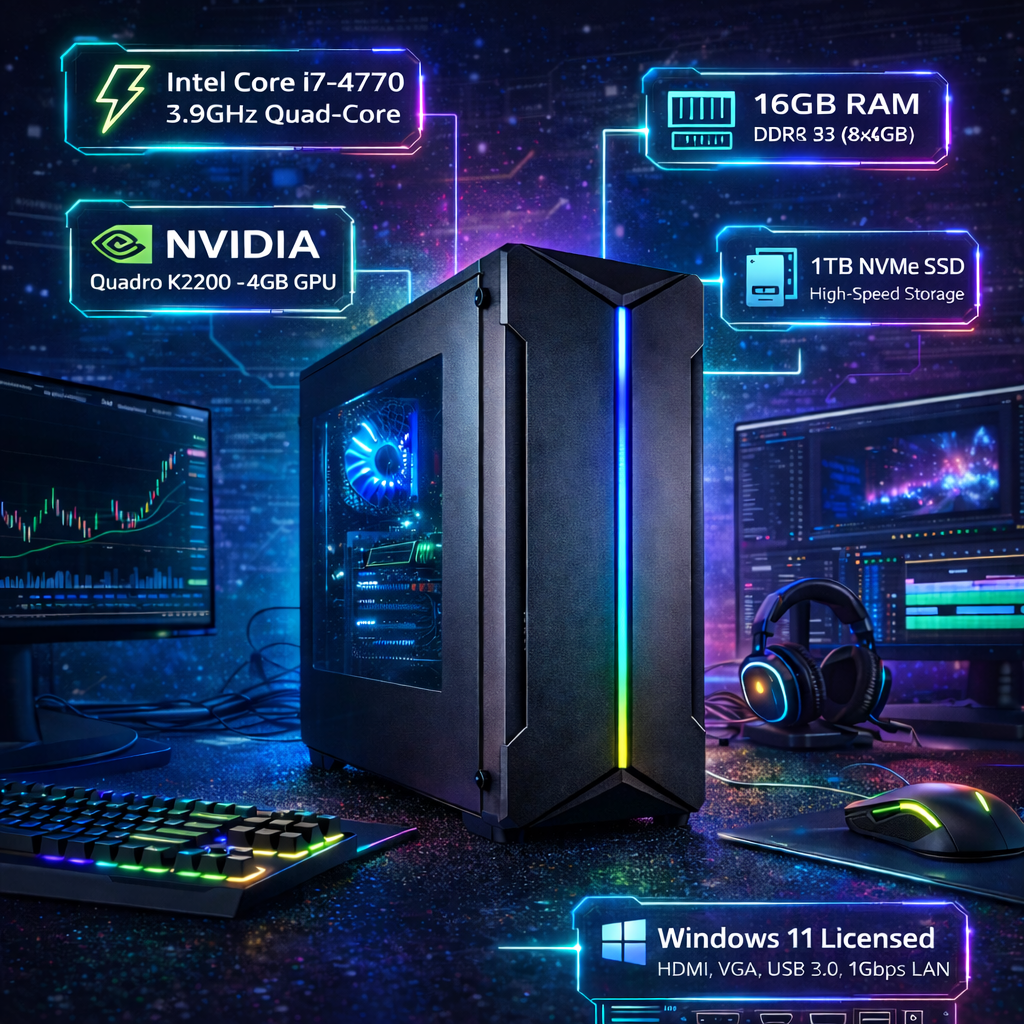 Assembled Desktop PC Core i7-4770 II GPU Quadro K2200 4GB II 16GB RAM II 512GB SSD II 1GBs LAN II USB 3.0 II Windows 11 License II Trading & Editing