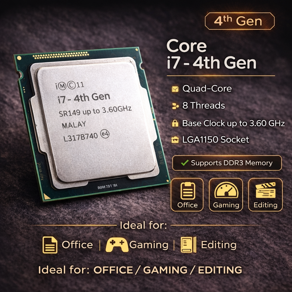 Assembled Desktop PC Core i7 4th Gen (Up to 4.0GHz) | 16GB RAM | 512GB SSD | Windows 11 Pro + MS Office | WiFi | HDMI VGA USB 3.0 | RGB Cabinet | Home Office Editing Computer